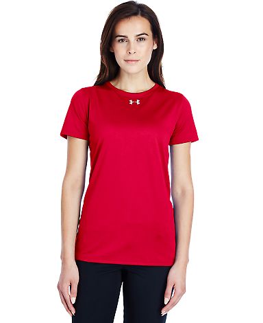 Under Armour 1305510 Women's Locker 2.0 T-Shirt in Red/ metallic silver front view