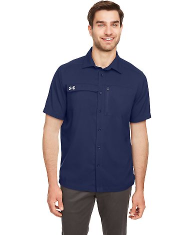 Under Armour 1351360 Motivate Coach Woven Shirt in Midnight navy/ white front view