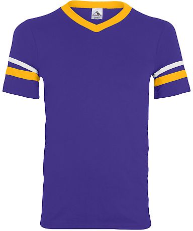 Augusta Sportswear 360 Two Sleeve Stripe Jersey in Purple/ gold/ white front view