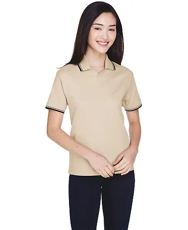 D140W Devon & Jones Ladies’ Tipped Perfect Pima STONE/ NAVY front view