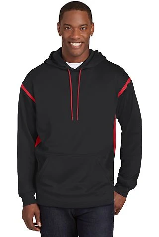 Sport Tek Tech Fleece Hooded Sweatshirt F246 in Black/true red front view