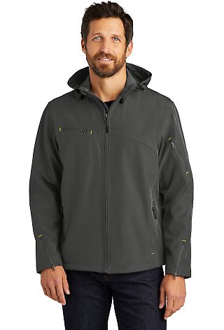 Port Authority Textured Hooded Soft Shell Jacket J in Charcoal front view