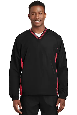 Sport Tek Tipped V Neck Raglan Wind Shirt JST62 in Black/true red front view