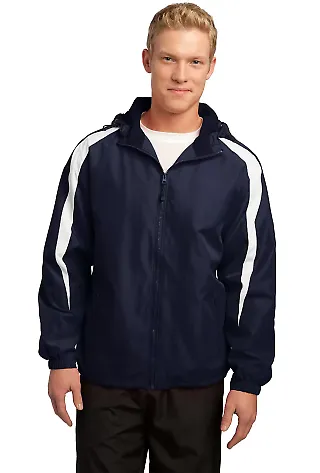 Sport Tek Fleece Lined Colorblock Jacket JST81 in True navy/wht front view