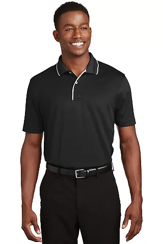 Sport Tek Dri Mesh Polo with Tipped Collar and Pip in Black/white front view