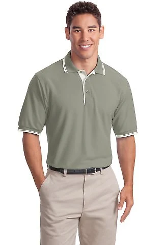 Port Authority Silk Touch153 Polo with Stripe Trim in Lt moss/wr wht front view