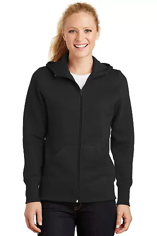 Sport Tek Ladies Full Zip Hooded Fleece Jacket L26 in Black front view