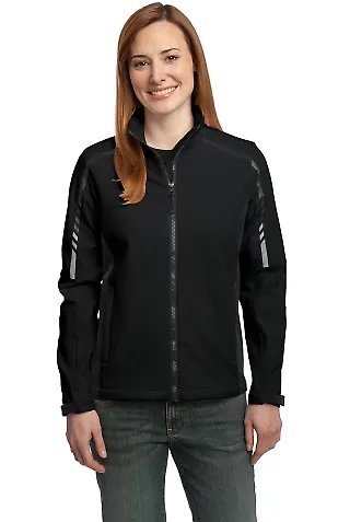 Port Authority Ladies Embark Soft Shell Jacket L30 Black/Dp Grey front view