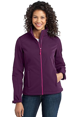 Port Authority Ladies Traverse Soft Shell Jacket L in Dp pur/pnk orc front view