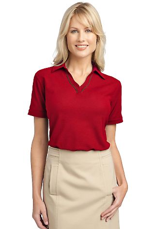 Port Authority Ladies Silk Touch153 Piped Polo L50 in Red/steel grey front view