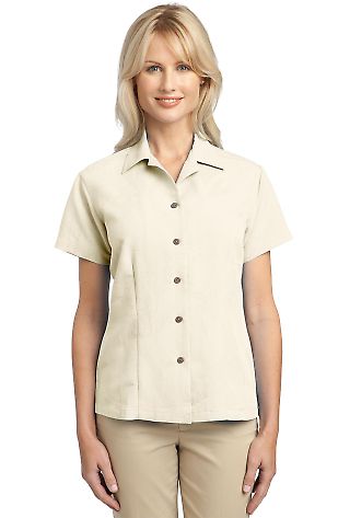 Port Authority Ladies Patterned Easy Care Camp Shi in Ivory front view
