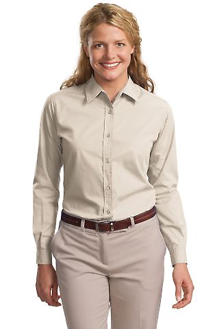 Port Authority Ladies Long Sleeve Easy Care  Soil  in Light stone front view