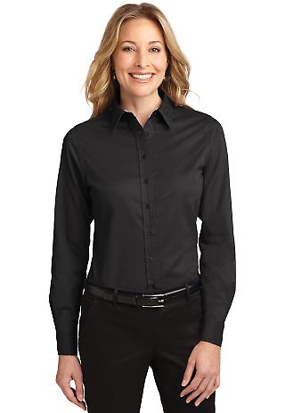Port Authority Ladies Long Sleeve Easy Care Shirt  in Black/lt stone front view