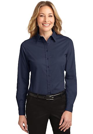 Port Authority Ladies Long Sleeve Easy Care Shirt  in Navy/lt stone front view