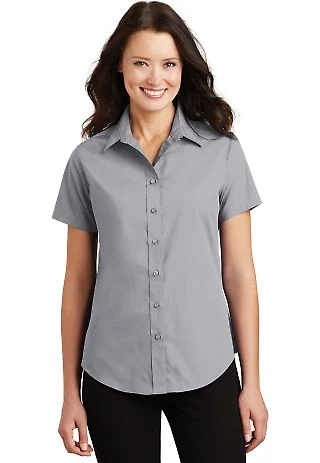 Port Authority Ladies Short Sleeve Value Poplin Sh in Grey front view