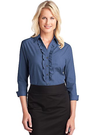 Port Authority Ladies Crosshatch Ruffle Easy Care in Deep blue front view