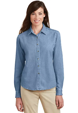 Port Company Ladies Long Sleeve Value Denim Shirt Faded Blue front view