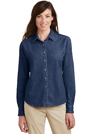 Port  Company Ladies Long Sleeve Value Denim Shirt Ink front view