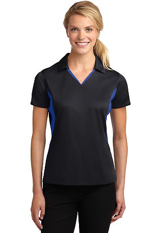 Sport Tek Ladies Side Blocked Micropique Sport Wic in Black/true ryl front view