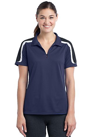 Sport Tek Ladies Tricolor Shoulder Micropique Spor in Tr nvy/blk/wht front view