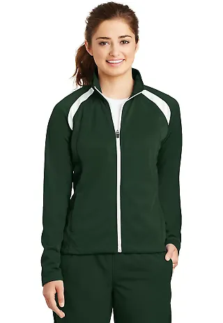 Sport Tek Ladies Tricot Track Jacket LST90 in Forest/white front view