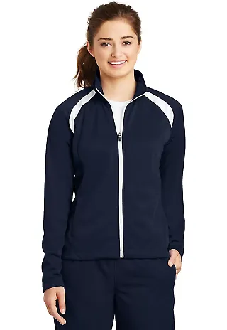 Sport Tek Ladies Tricot Track Jacket LST90 in True navy/whit front view