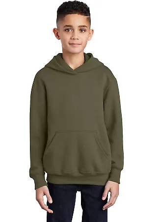 Port  Company Youth Pullover Hooded Sweatshirt PC9 Olive Drab Grn front view