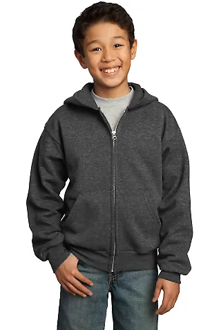 Port & Company Youth Full Zip Hooded Sweatshirt PC in Dark hthr grey front view