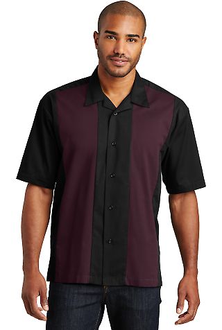 Port Authority Retro Camp Shirt S300 in Black/burgundy front view