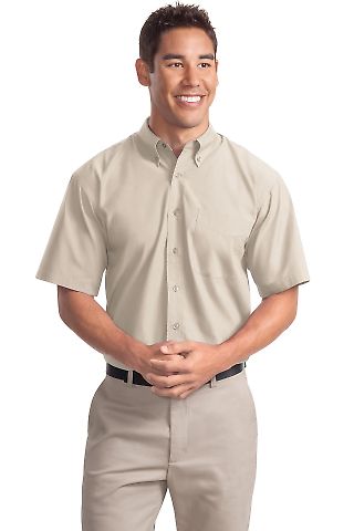 Port Authority Short Sleeve Easy Care  Soil Resist in Light stone front view