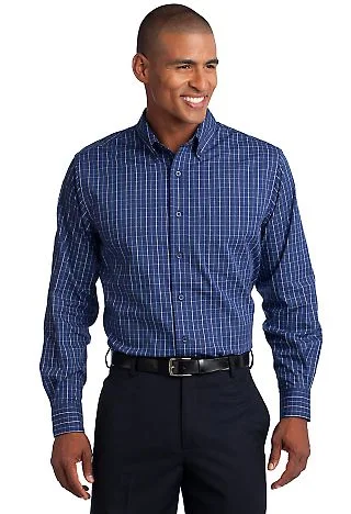 Port Authority Tattersall Easy Care Shirt S642 in Navy/white front view