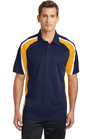 Sport Tek Tricolor Micropique Sport Wick Polo ST65 in Tr navy/gld/wh front view