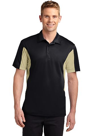 Sport Tek Side Blocked Micropique Sport Wick Polo  in Black/vgs gold front view