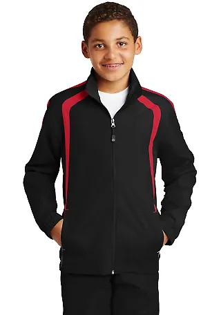 Sport Tek Youth Colorblock Raglan Jacket YST60 in Black/true red front view