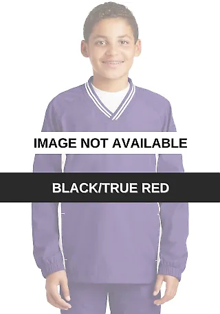 Sport Tek Youth Tipped V Neck Raglan Wind Shirt YS Black/True Red front view