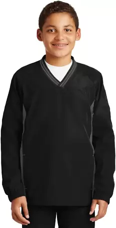 Sport Tek Youth Tipped V Neck Raglan Wind Shirt YS in Black/graph gy front view