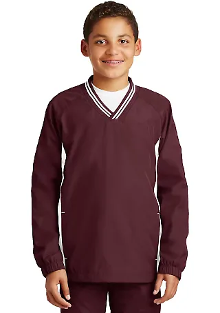 Sport Tek Youth Tipped V Neck Raglan Wind Shirt YS in Maroon/white front view