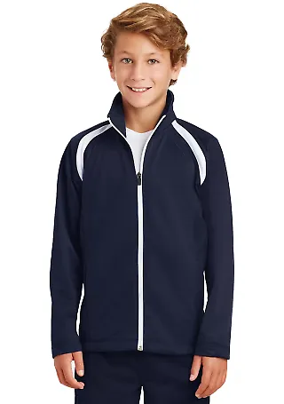 Sport Tek Youth Tricot Track Jacket YST90 in True navy/wht front view