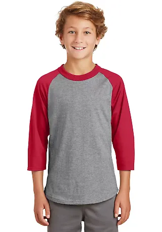 Sport Tek Youth Colorblock Raglan Jersey YT200 in Heathr/gry/red front view