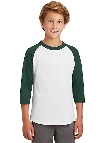 Sport Tek Youth Colorblock Raglan Jersey YT200 in White/forest front view