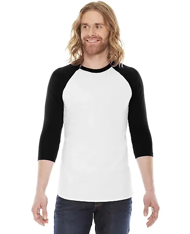 BB453 American Apparel Unisex Poly Cotton 3/4 Slee White/ Black front view