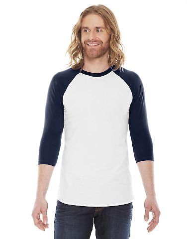 BB453 American Apparel Unisex Poly Cotton 3/4 Slee WHITE/ NAVY