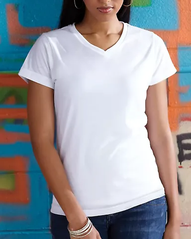 1507 SubliVie Ladies V-Neck Polyester T-Shirt White front view