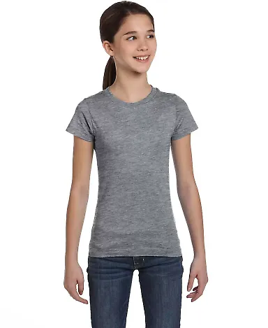 2616 LA T Girls' Fine Jersey Longer Length T-Shirt in Granite heather front view