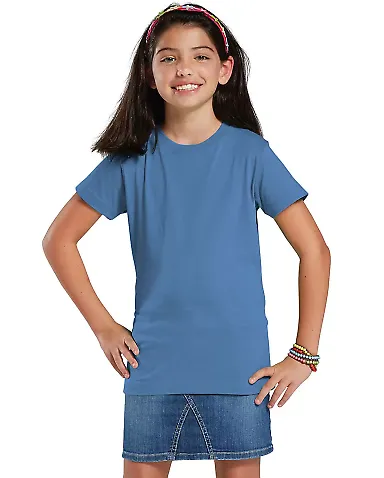 2616 LA T Girls' Fine Jersey Longer Length T-Shirt in Carolina blue front view