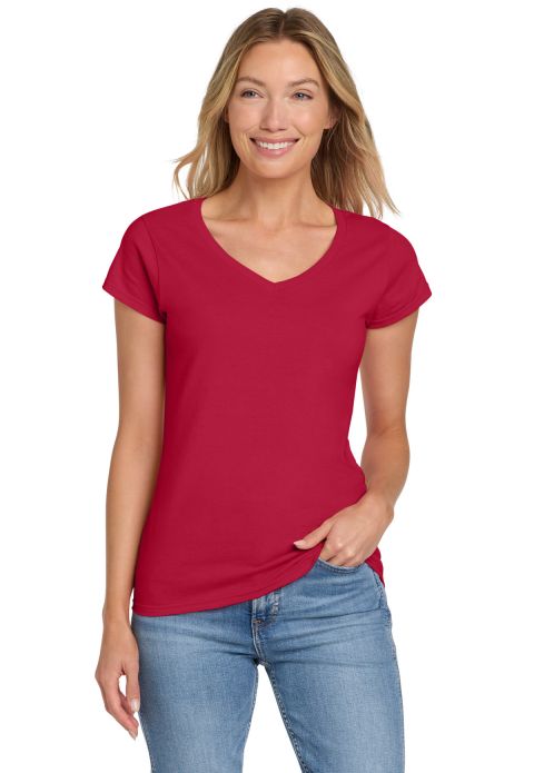 64V00L Gildan Junior Fit Softstyle V Neck T Shirts in Cherry red