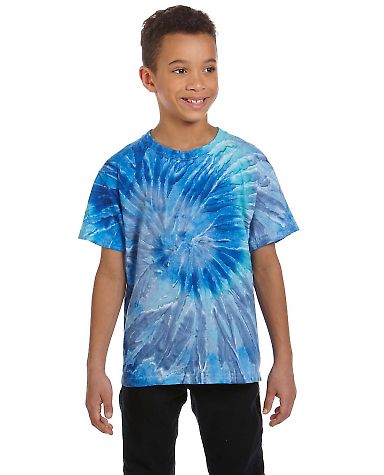 H1000b tie dye Youth Tie-Dyed Cotton Tee in Blue jerry front view