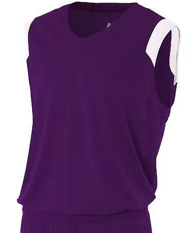 NB2340 A4 Youth Moisture Management V-neck Muscle PURPLE/ WHITE front view