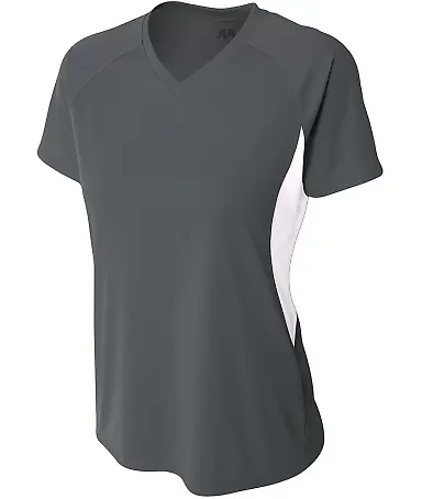 NW3223 A4 Women's Color Blocked Performance V-Neck GRAPHITE/ WHITE front view