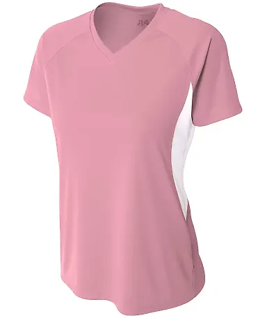 NW3223 A4 Women's Color Blocked Performance V-Neck PINK/ WHITE front view